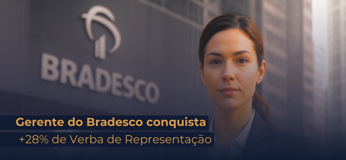 Imagem de uma gerente bancária em frente ao prédio do Bradesco, representando decisão judicial que garantiu adicional de 28,44% no salário por verba de representação. A Justiça reconheceu discriminação salarial sem critérios objetivos.
